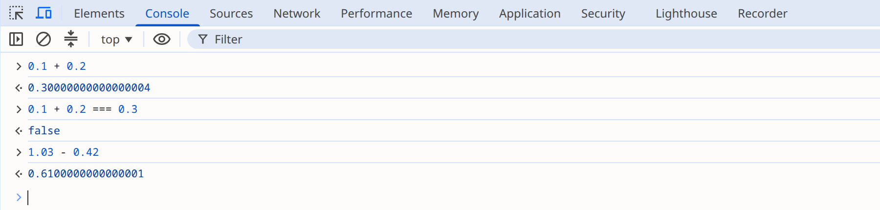 Floating-point errors shown in the Chrome DevTools console